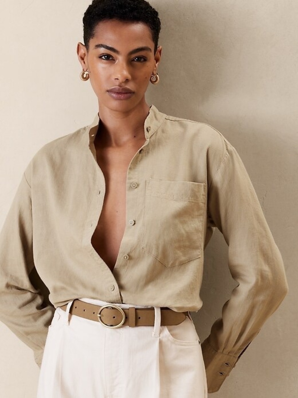 NWT Banana Republic Women’s Long-Sleeve Linen Shirt Maverick Tan XS Band Collar